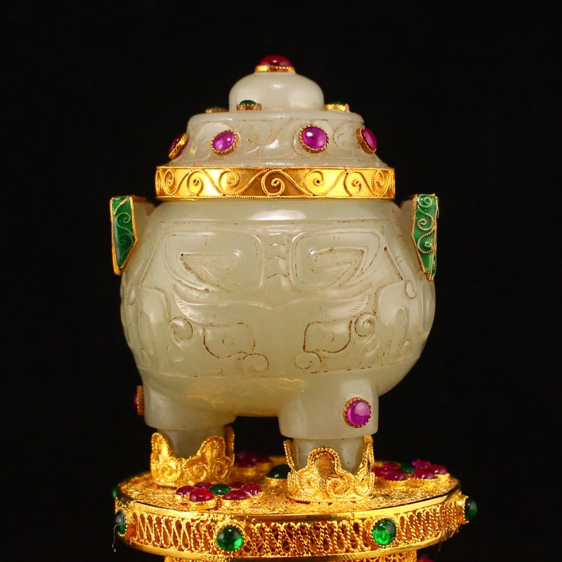 Gold Wires Enamel Inlay Hetian Jade Incense Burner Statue - 2