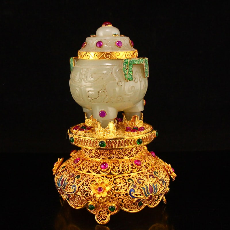 Gold Wires Enamel Inlay Hetian Jade Incense Burner Statue - 5