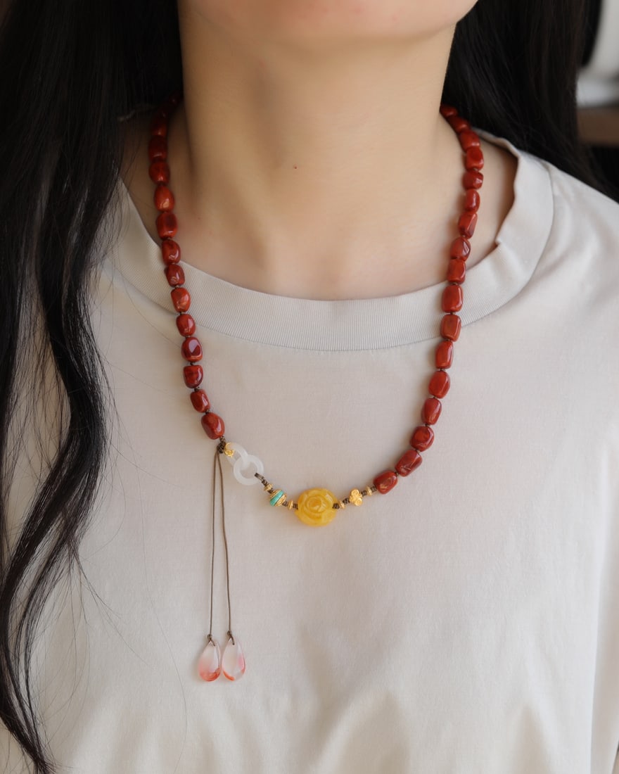 Hand knitting Nanhong Agate,Beeswax Necklace,Hand Chain - 3