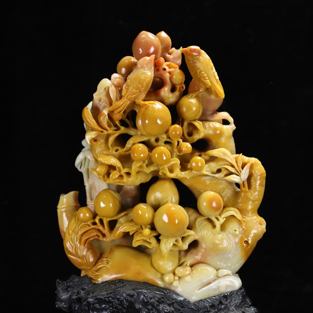 Yellow Shoushan Soapstone Bird,Peach Statue w Box - 2