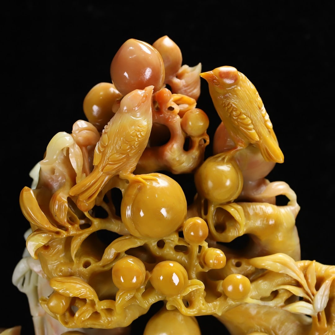 Yellow Shoushan Soapstone Bird,Peach Statue w Box - 3