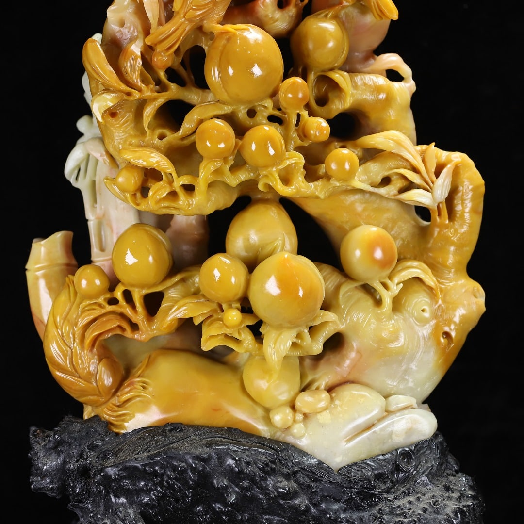Yellow Shoushan Soapstone Bird,Peach Statue w Box - 4