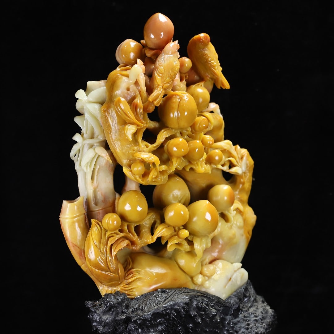 Yellow Shoushan Soapstone Bird,Peach Statue w Box - 5