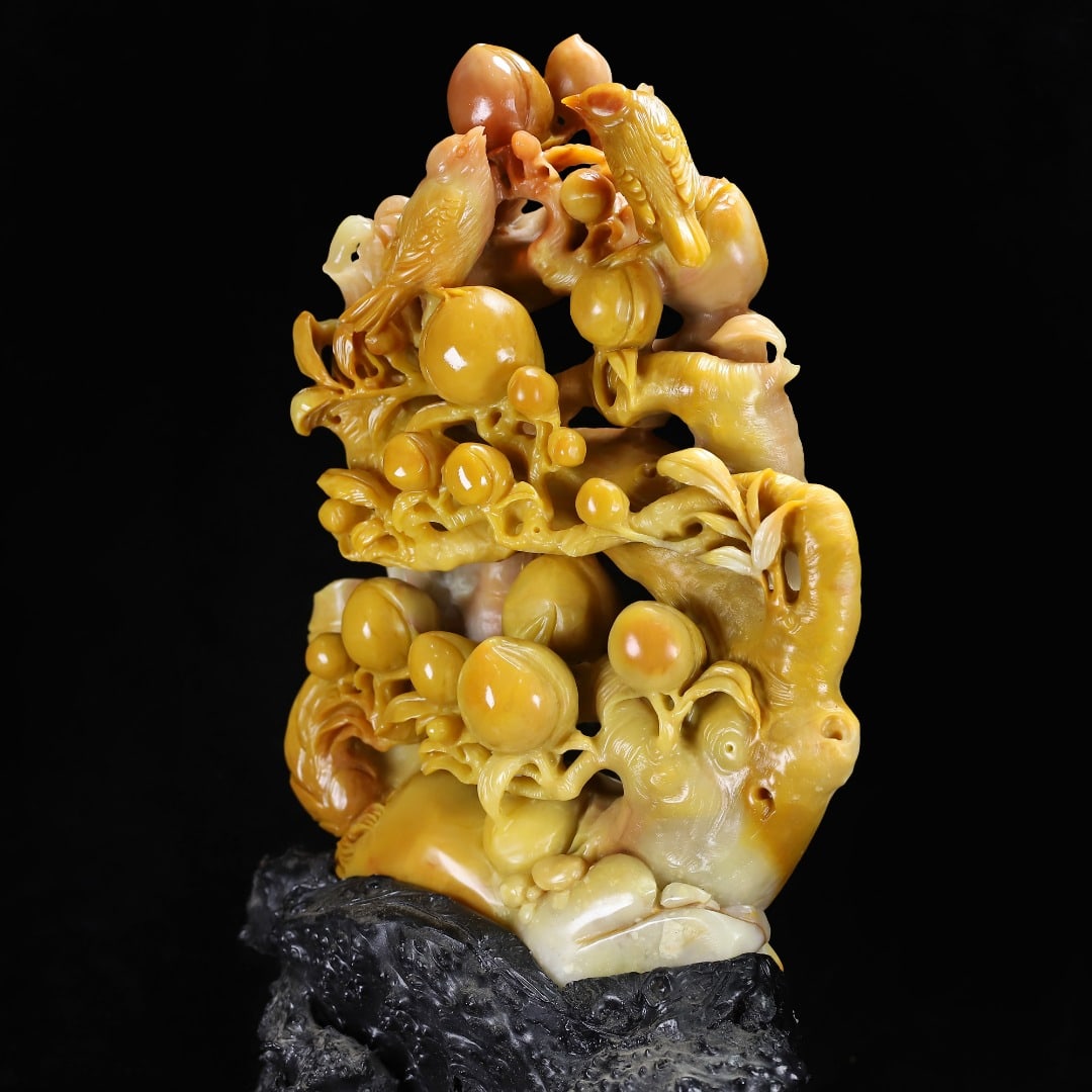 Yellow Shoushan Soapstone Bird,Peach Statue w Box - 6