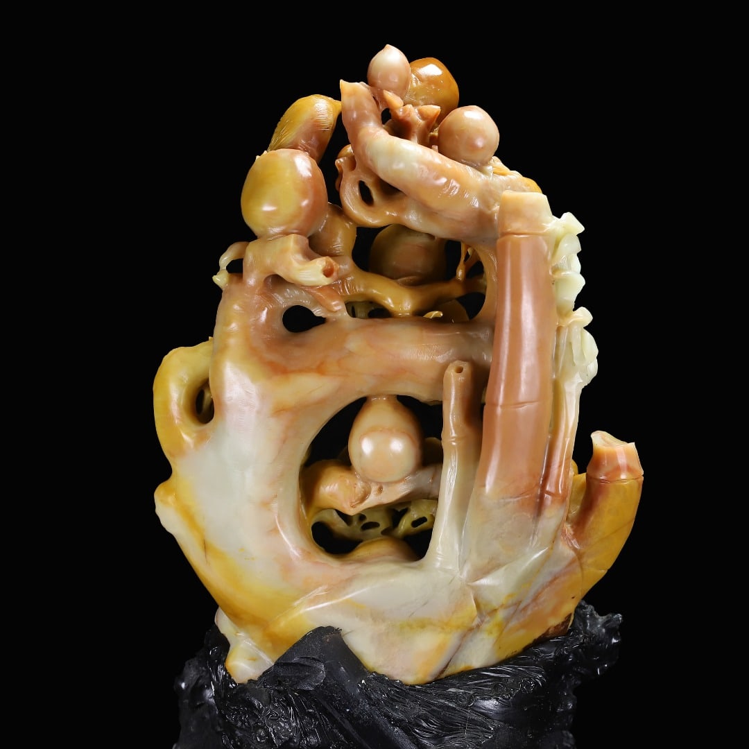 Yellow Shoushan Soapstone Bird,Peach Statue w Box - 7