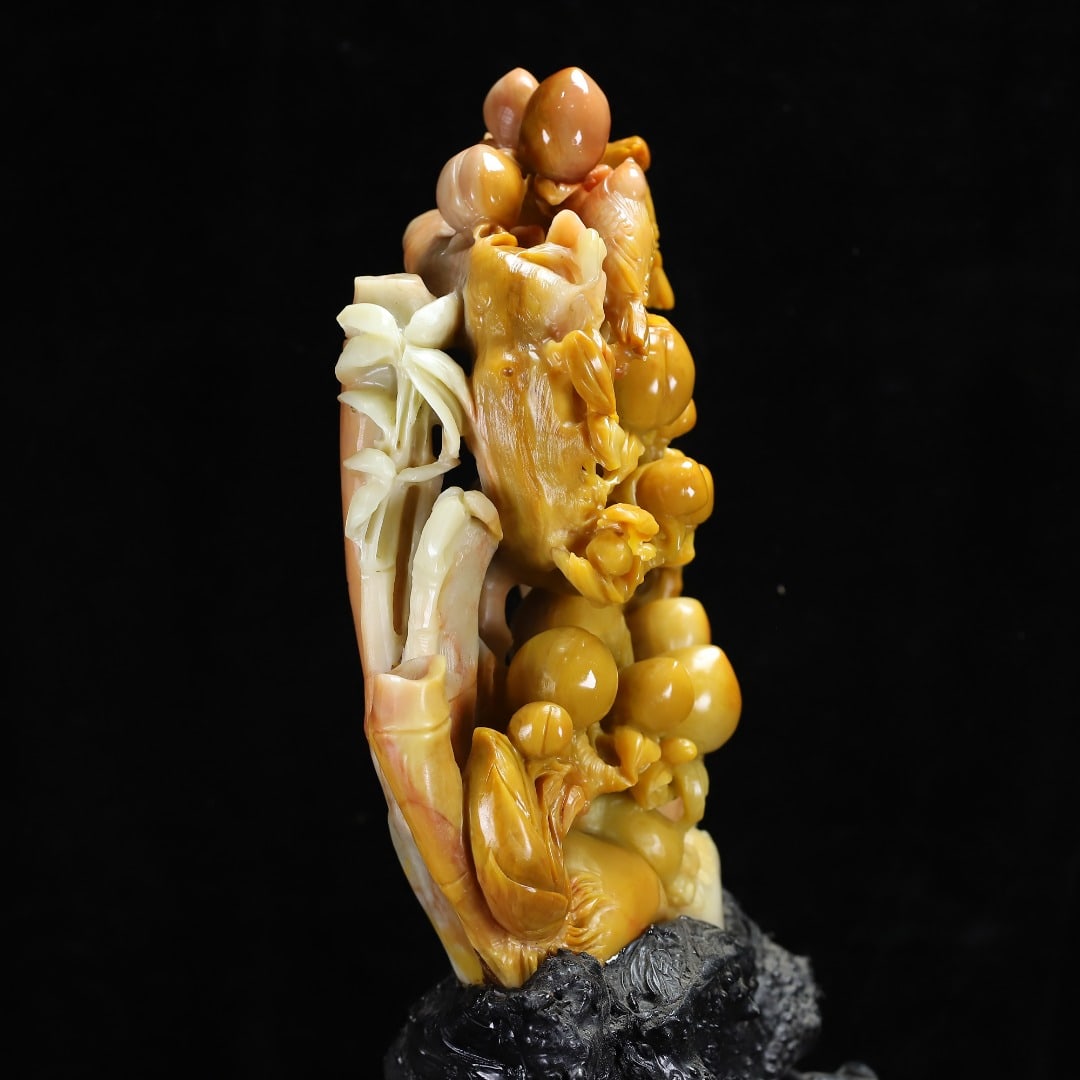 Yellow Shoushan Soapstone Bird,Peach Statue w Box - 8