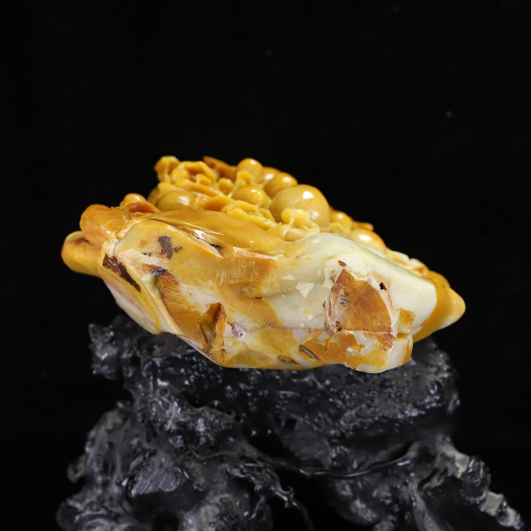 Yellow Shoushan Soapstone Bird,Peach Statue w Box - 9