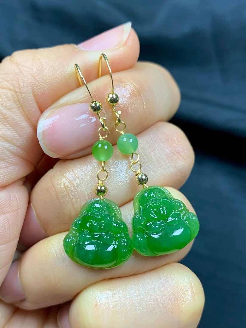 Green Hetian Jade Earrings - Laughing Buddha: Title: Green Hetian Jade Earrings - Laughing Buddha Origin: Chinese Date/Period: After2025 Materials: Hetian Jade Dimensions: 15-16(mm) 0.59-0.63(inches) Reserve: $110.00 Shipping: Domestic: Shipping