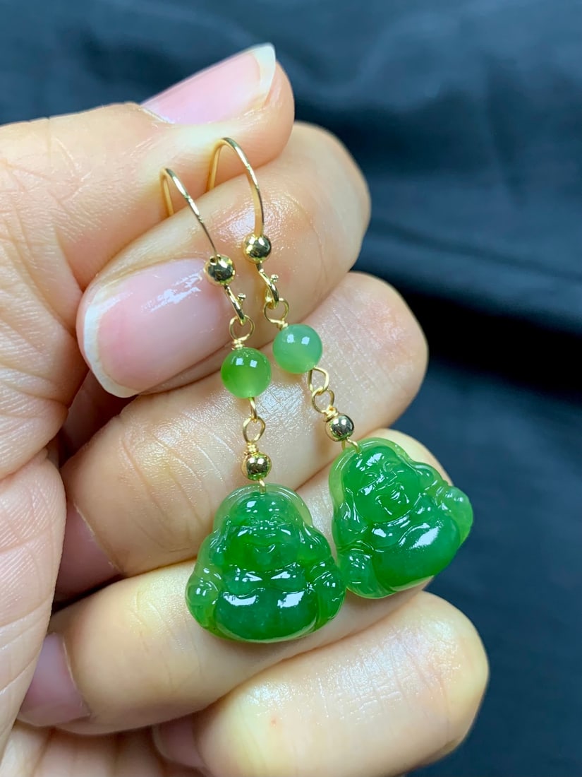 Green Hetian Jade Earrings - Laughing Buddha - 2