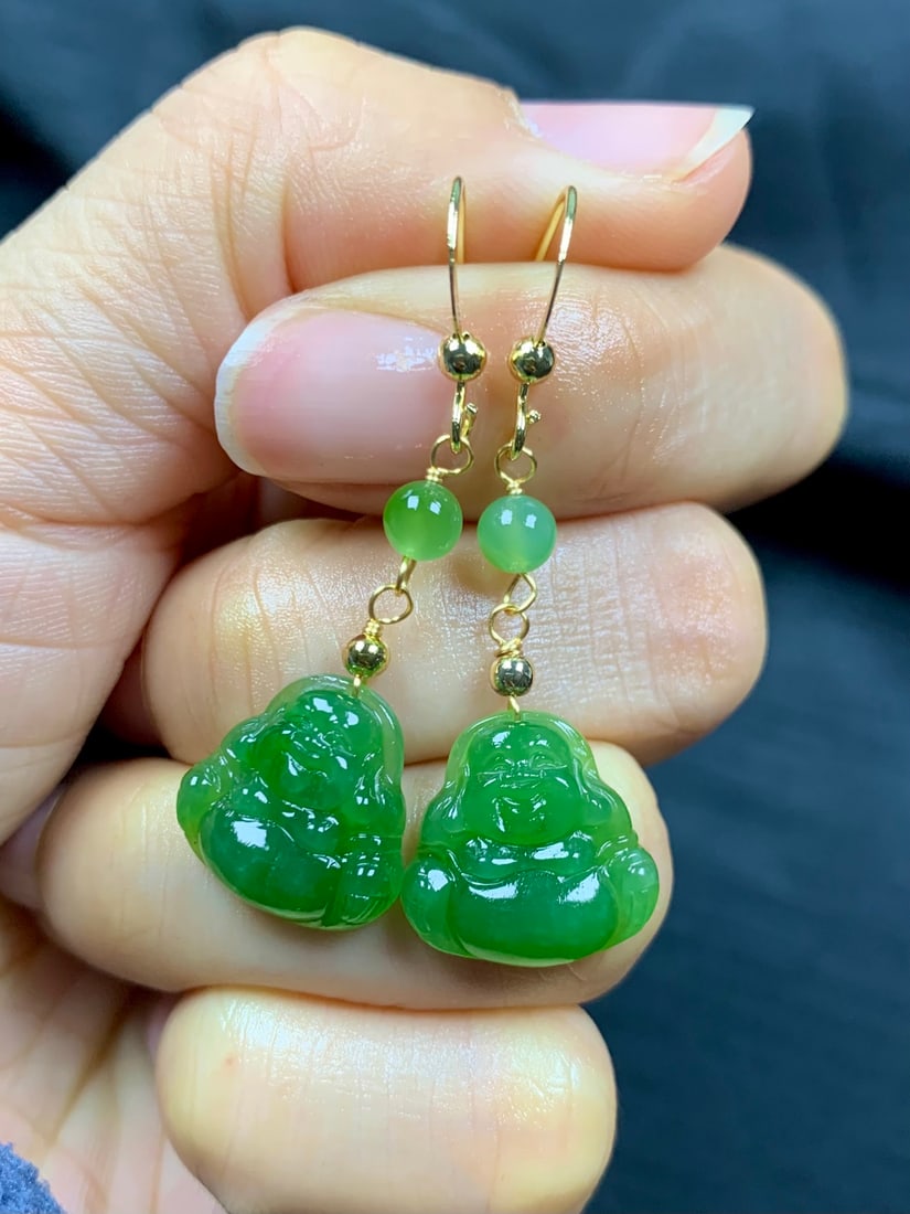 Green Hetian Jade Earrings - Laughing Buddha - 4