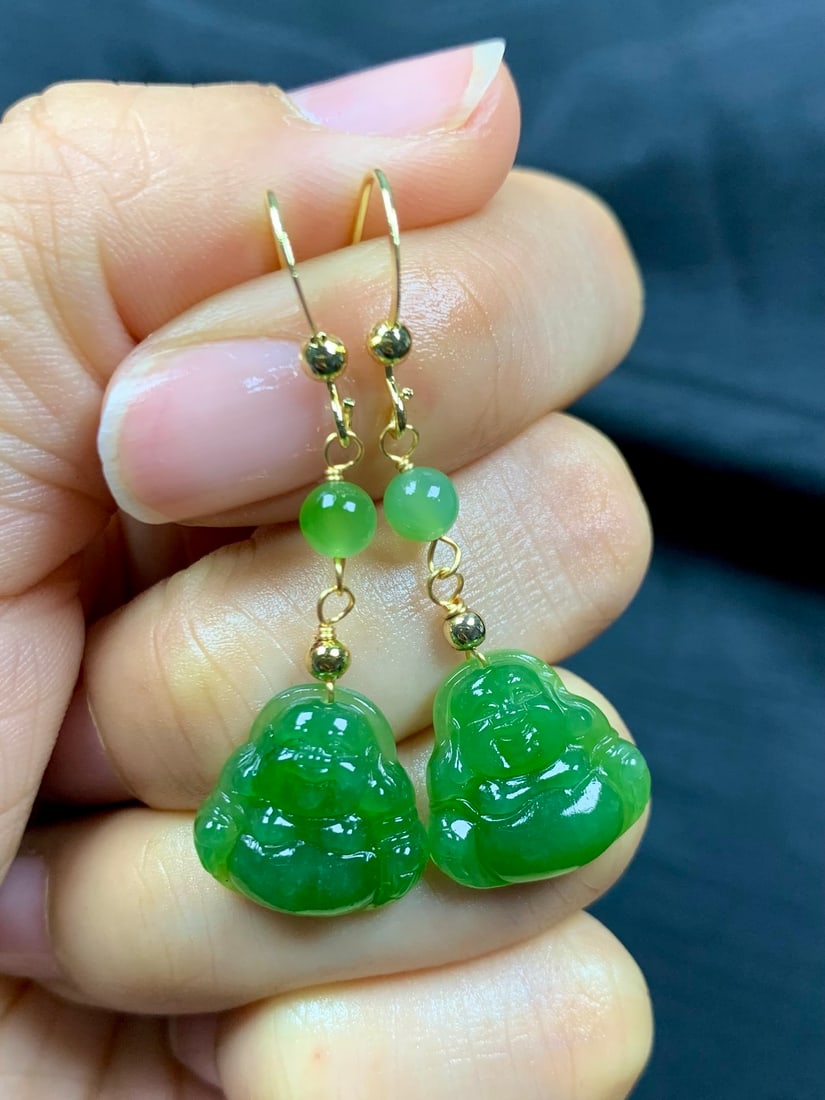 Green Hetian Jade Earrings - Laughing Buddha - 5