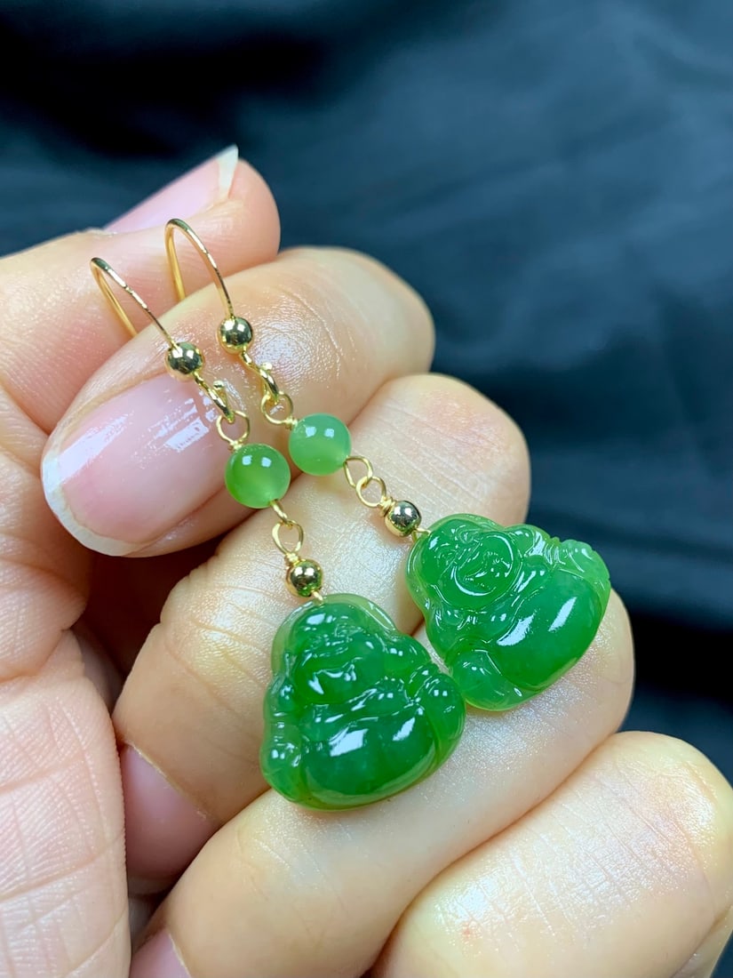 Green Hetian Jade Earrings - Laughing Buddha - 6