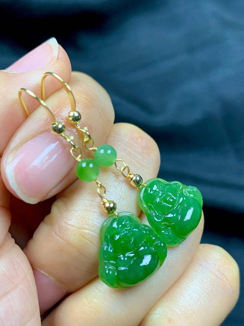 Green Hetian Jade Earrings - Laughing Buddha - 7