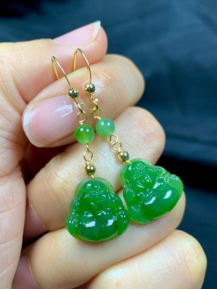 Green Hetian Jade Earrings - Laughing Buddha - 8