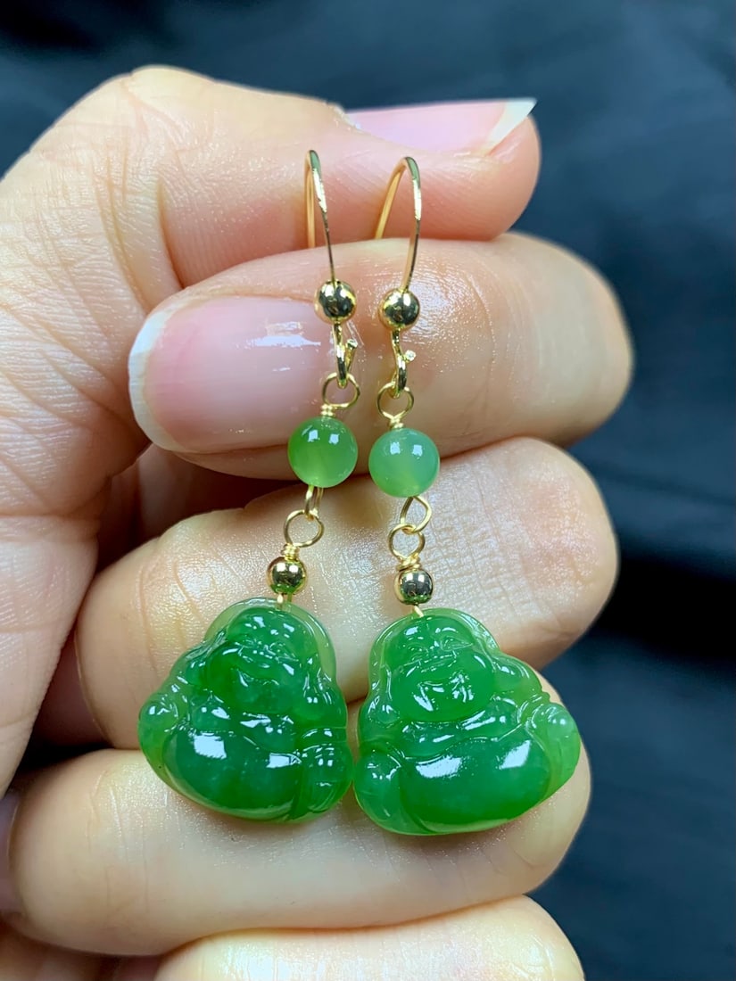 Green Hetian Jade Earrings - Laughing Buddha - 9