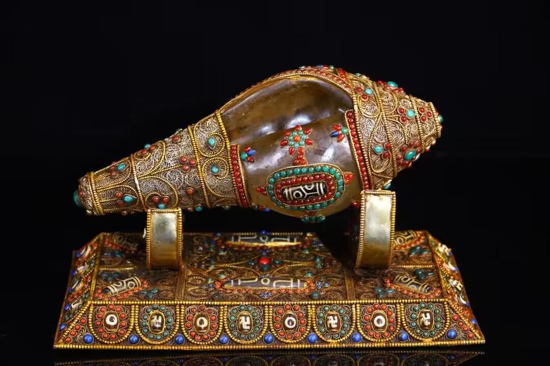 Tibetan Gilt Gold Silver Wires Inlay Crystal,Turquoise,Red Coral,DZI Agate,Lapis Lazuli Conch - 3