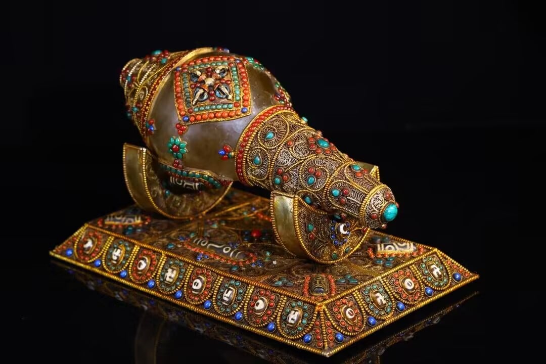 Tibetan Gilt Gold Silver Wires Inlay Crystal,Turquoise,Red Coral,DZI Agate,Lapis Lazuli Conch - 4