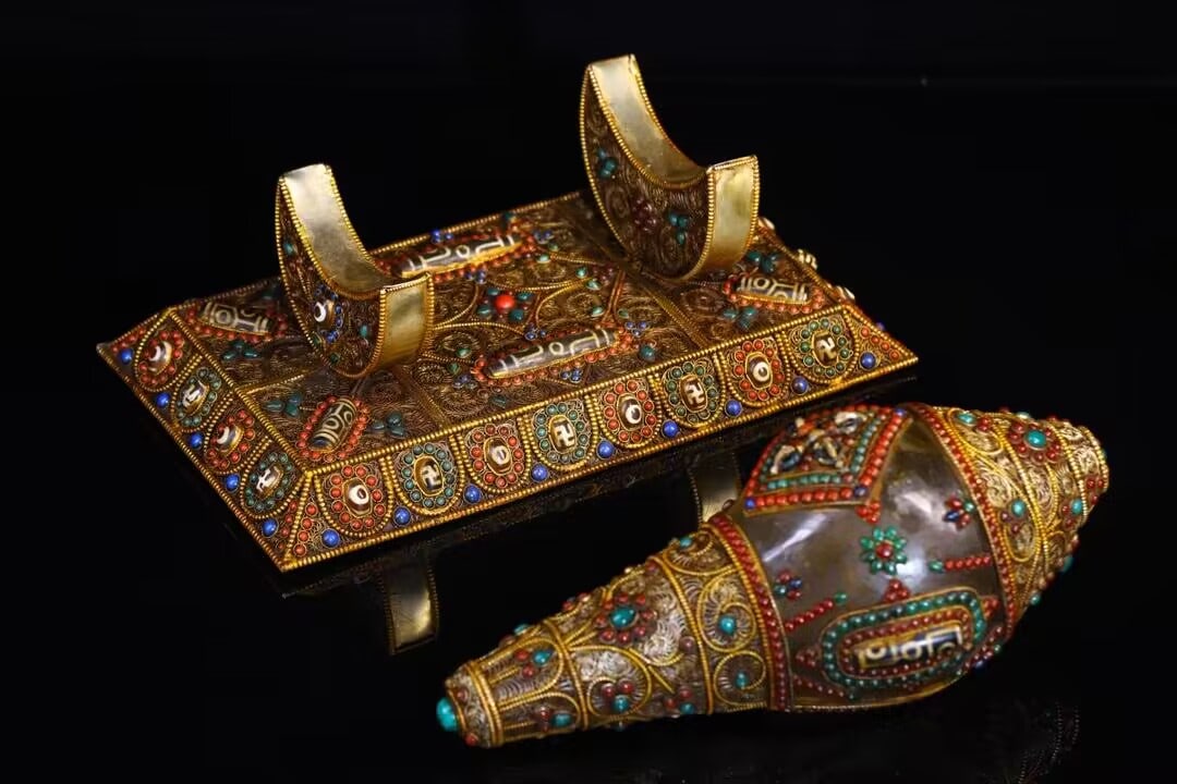 Tibetan Gilt Gold Silver Wires Inlay Crystal,Turquoise,Red Coral,DZI Agate,Lapis Lazuli Conch - 5