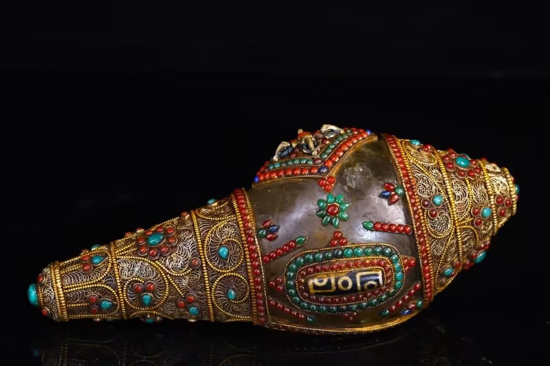 Tibetan Gilt Gold Silver Wires Inlay Crystal,Turquoise,Red Coral,DZI Agate,Lapis Lazuli Conch - 6