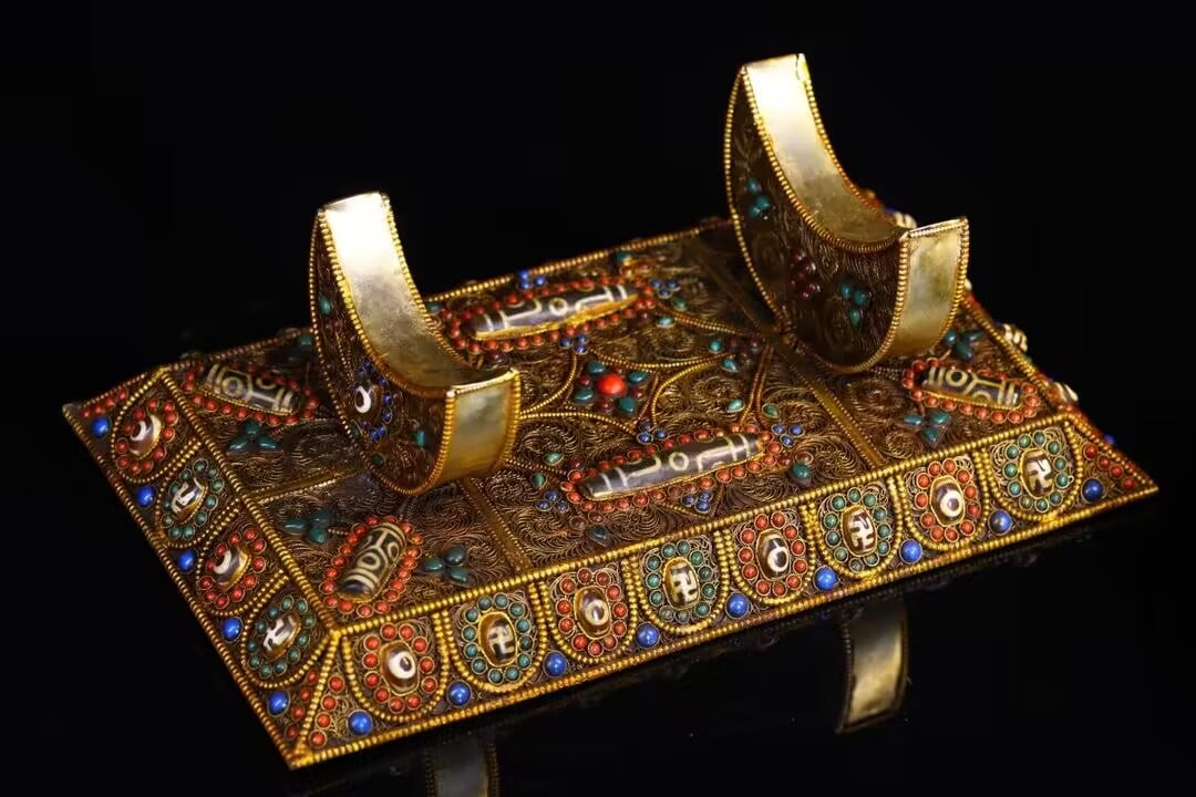 Tibetan Gilt Gold Silver Wires Inlay Crystal,Turquoise,Red Coral,DZI Agate,Lapis Lazuli Conch - 7