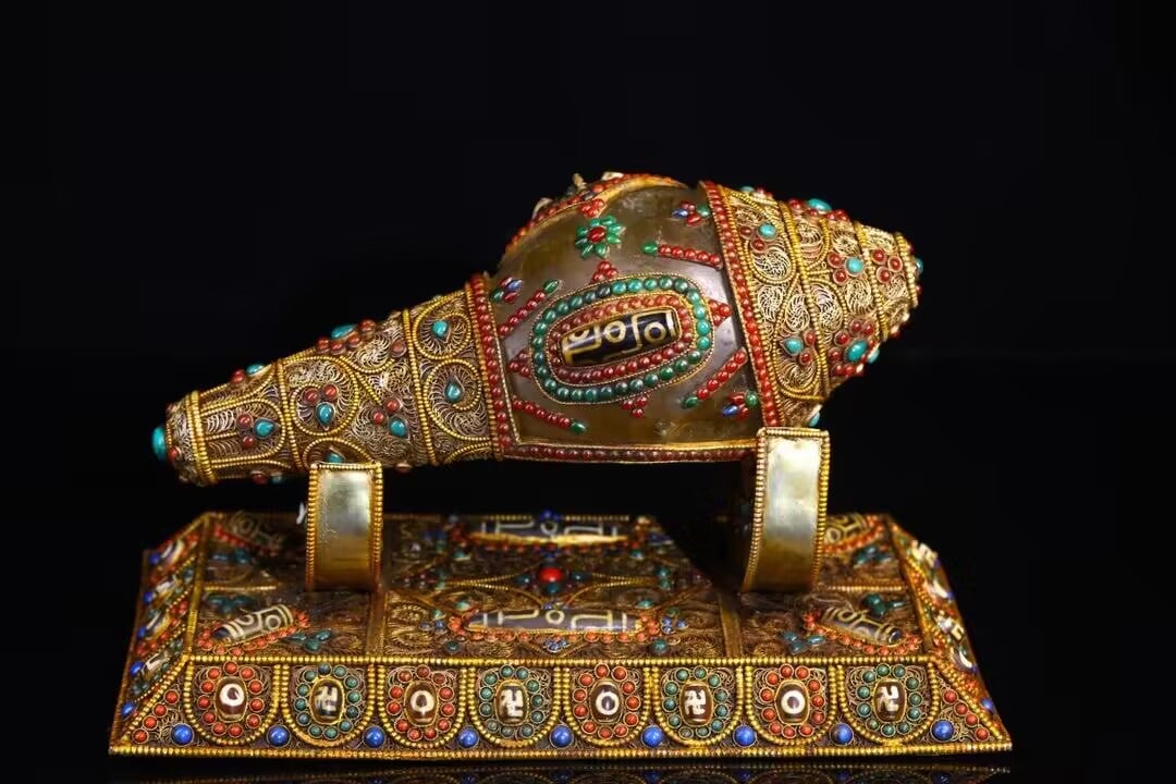 Tibetan Gilt Gold Silver Wires Inlay Crystal,Turquoise,Red Coral,DZI Agate,Lapis Lazuli Conch - 8