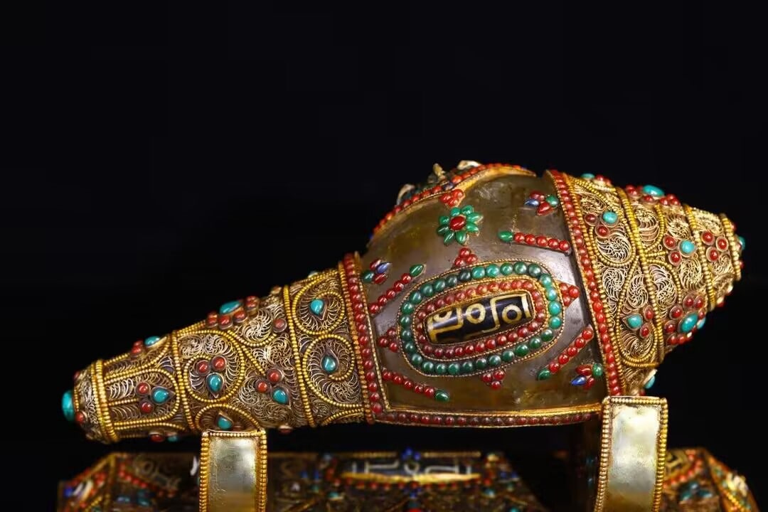 Tibetan Gilt Gold Silver Wires Inlay Crystal,Turquoise,Red Coral,DZI Agate,Lapis Lazuli Conch - 9