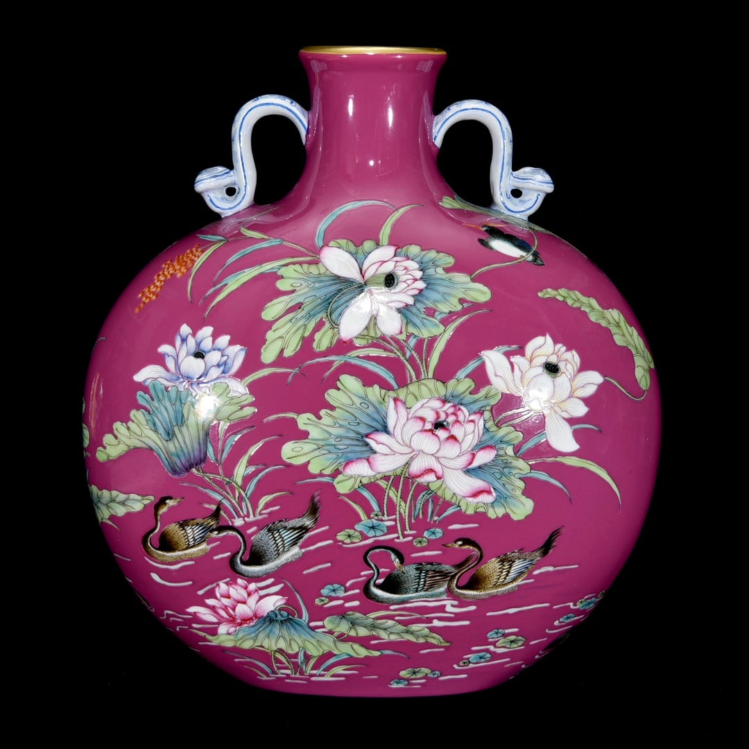 Rouge Red Glaze Famille Rose Porcelain Ruyi Vase - Mandarin duck,Lotus,Qianlong Mark: Title: Rouge Red Glaze Famille Rose Porcelain Ruyi Vase - Mandarin duck,Lotus,Qianlong Mark Origin: Chinese Date/Period: After1890 Materials: Porcelain Dimensions: 275x250x130(mm)