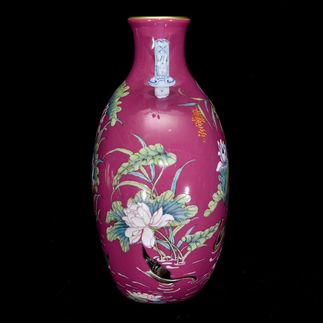 Rouge Red Glaze Famille Rose Porcelain Ruyi Vase - Mandarin duck,Lotus,Qianlong Mark - 2