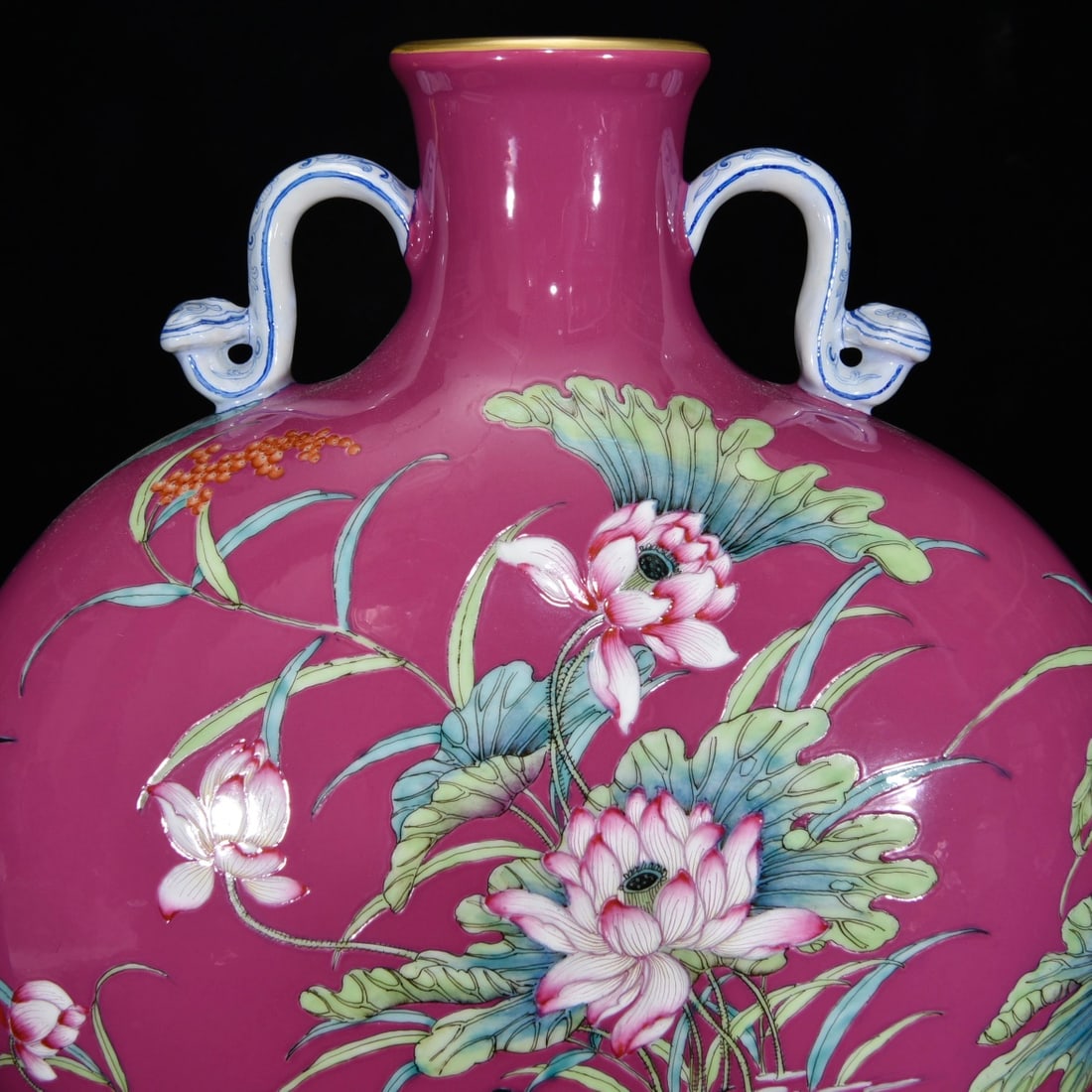 Rouge Red Glaze Famille Rose Porcelain Ruyi Vase - Mandarin duck,Lotus,Qianlong Mark - 4