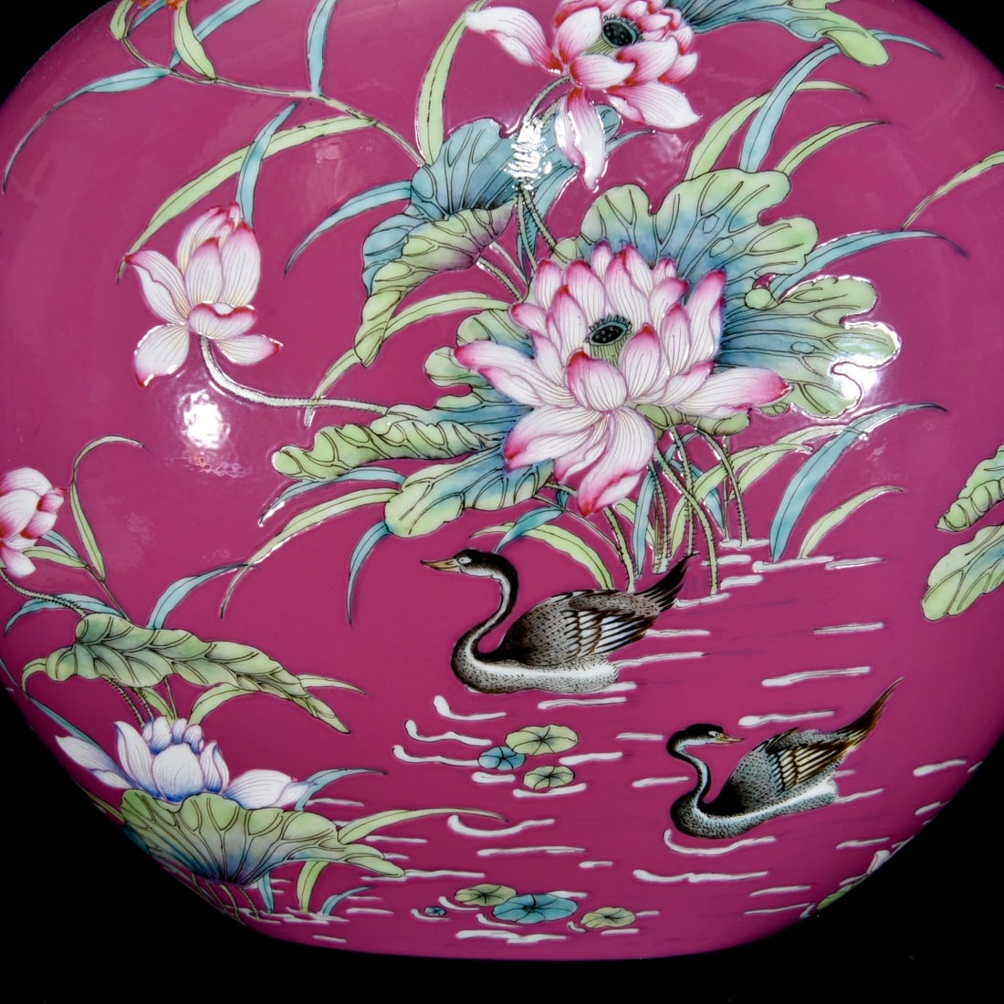 Rouge Red Glaze Famille Rose Porcelain Ruyi Vase - Mandarin duck,Lotus,Qianlong Mark - 5