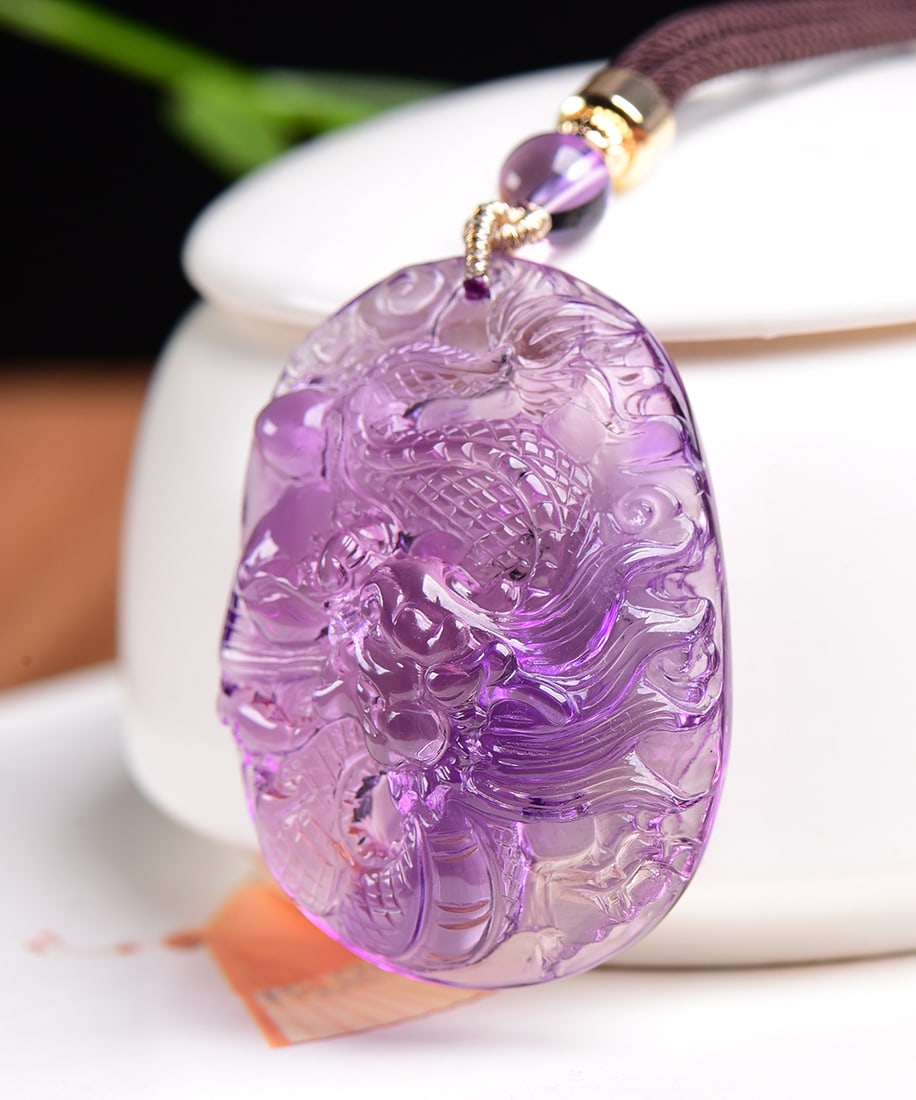 Natural Amethyst Hand-Carved Dragon Pendant - 2