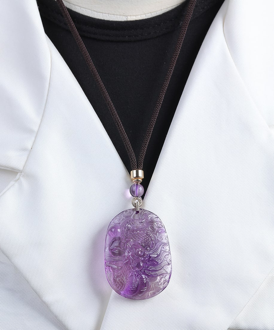 Natural Amethyst Hand-Carved Dragon Pendant - 3