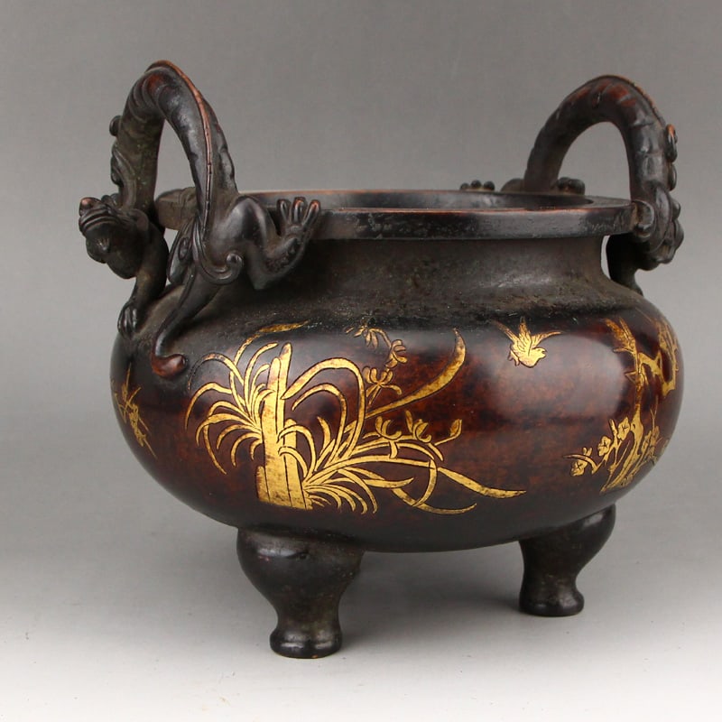 Gilt Gold Copper Double Dragon Incense Burner - 2