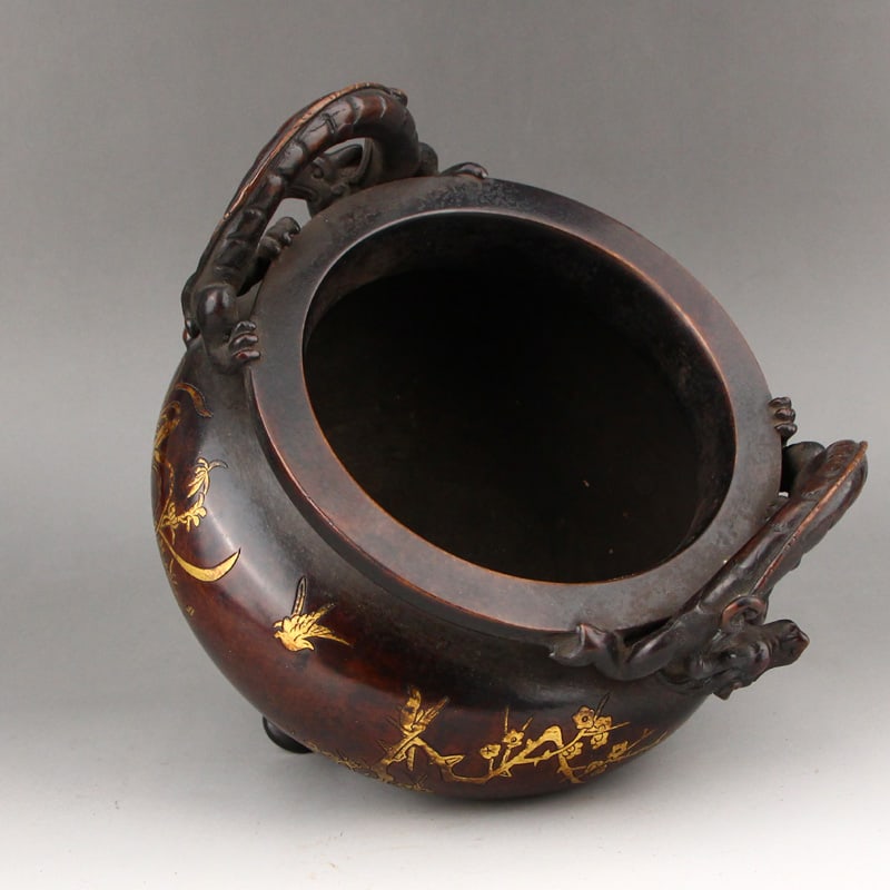 Gilt Gold Copper Double Dragon Incense Burner - 8