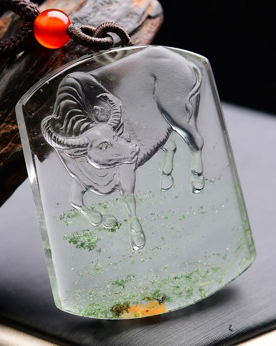 Crystal Hand-Carved Ox Pendant with Certificate - 2