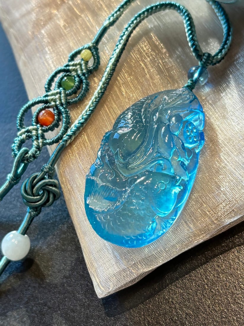 Natural Aquamarine Pendant - Double Fish,Lotus - 2