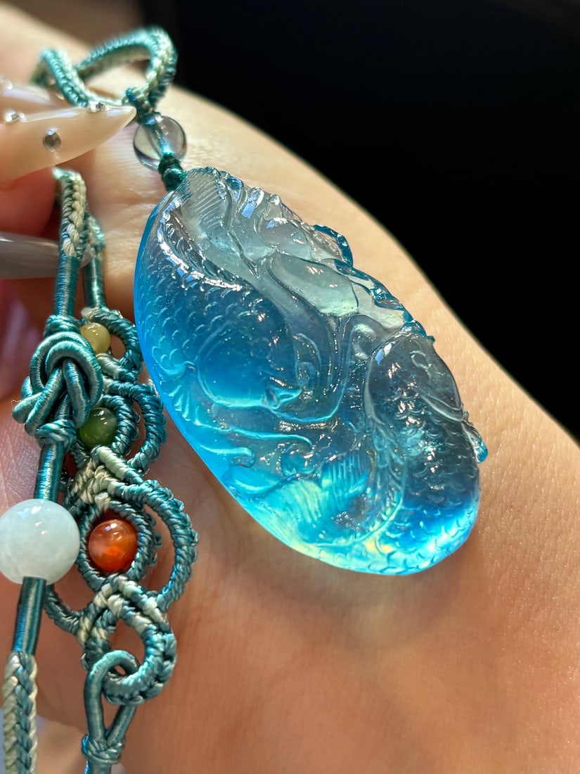 Natural Aquamarine Pendant - Double Fish,Lotus - 6