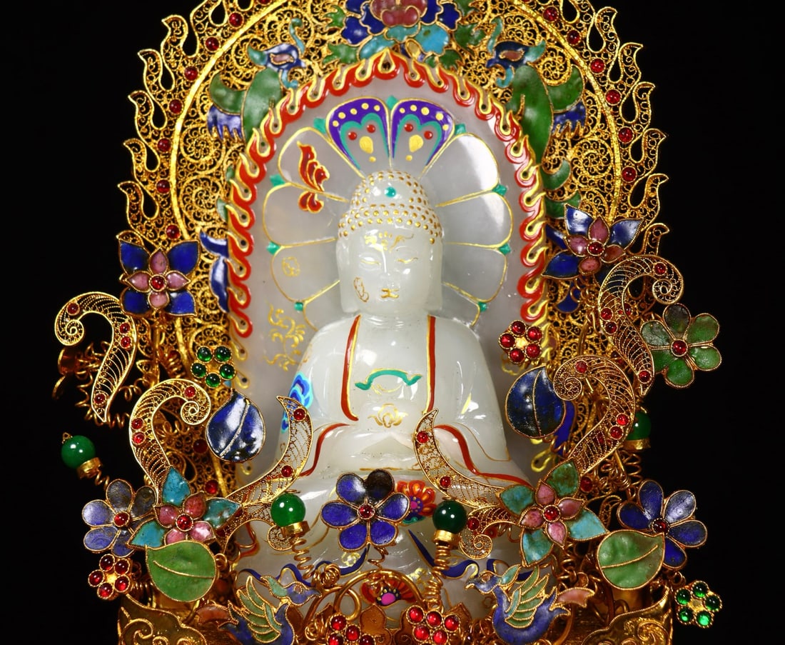Hetian Jade Hand-Carved Buddha Statue w Gold Wire Enamel Base - 2