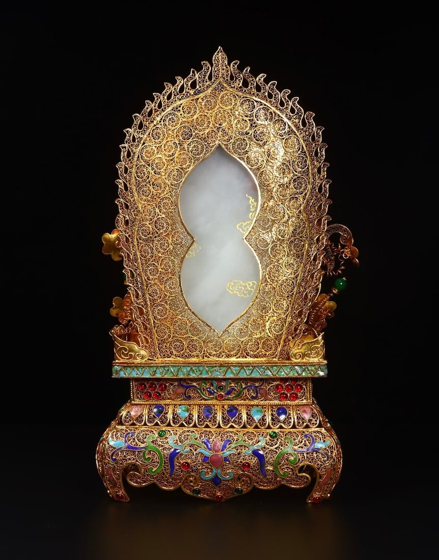 Hetian Jade Hand-Carved Buddha Statue w Gold Wire Enamel Base - 6