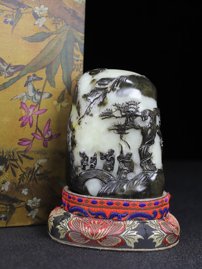 Shoushan Soapstone Hand-Carved Sages Meeting Seal Statue w Box - 10