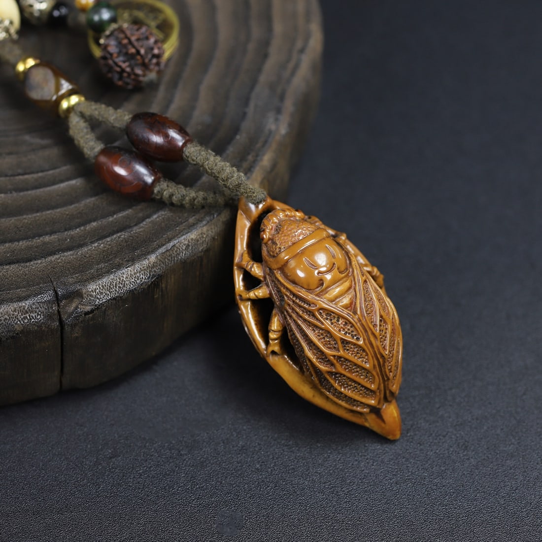 Olive Nut Hand-Carved Cicada Pendant - 3