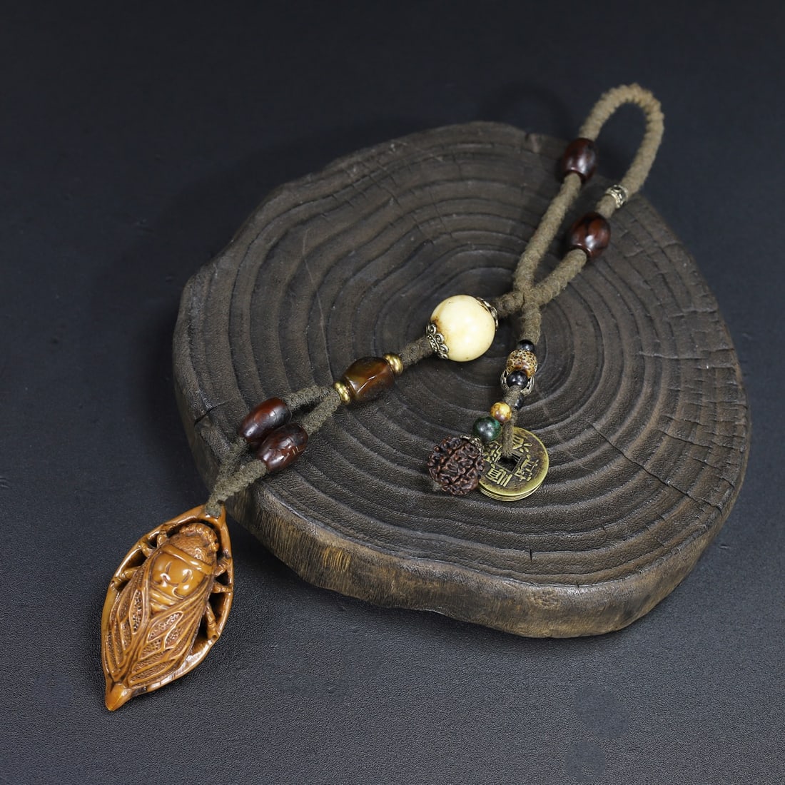 Olive Nut Hand-Carved Cicada Pendant - 4