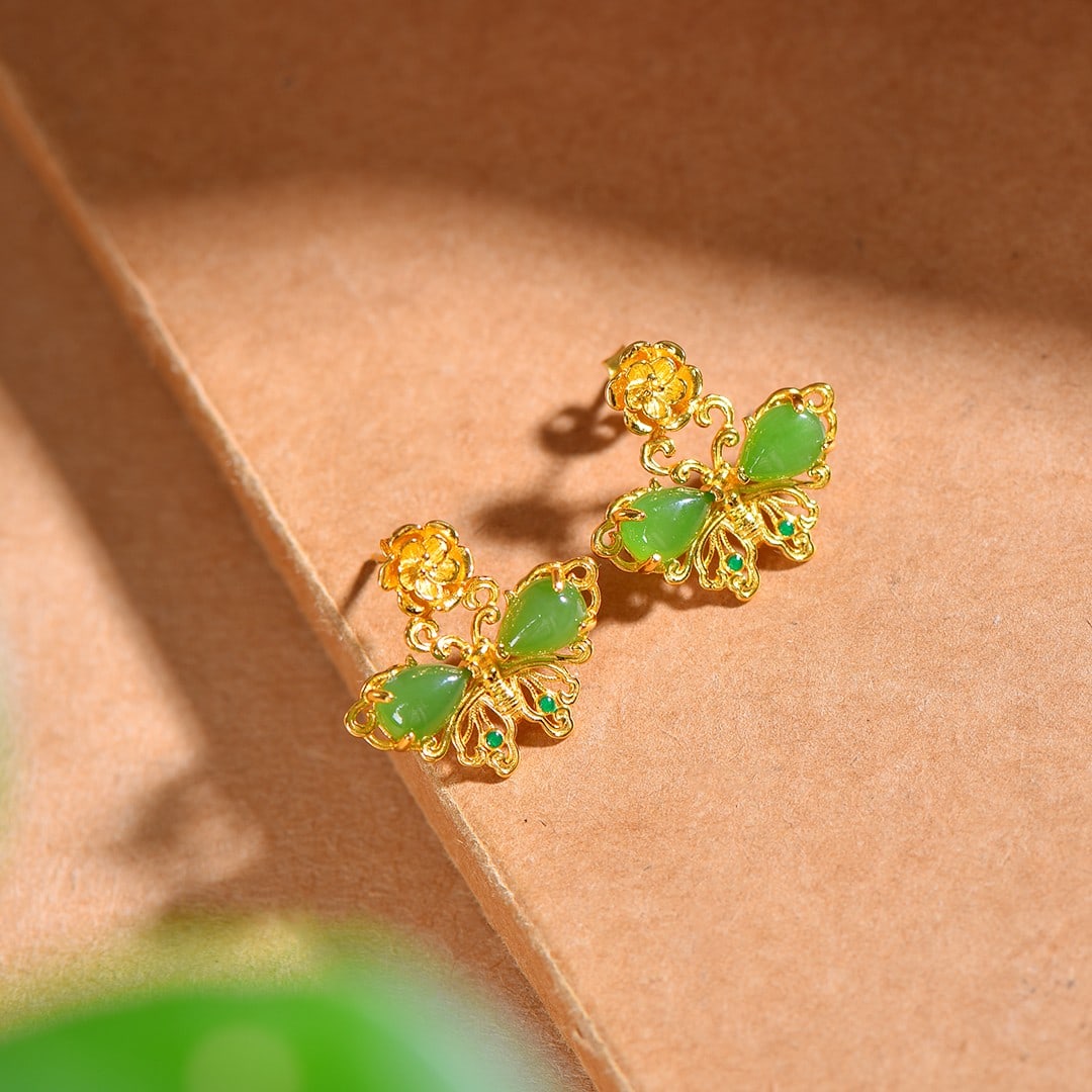 S925 Silver Inlay Green Hetian Jade Hand Chain,Earrings - 2