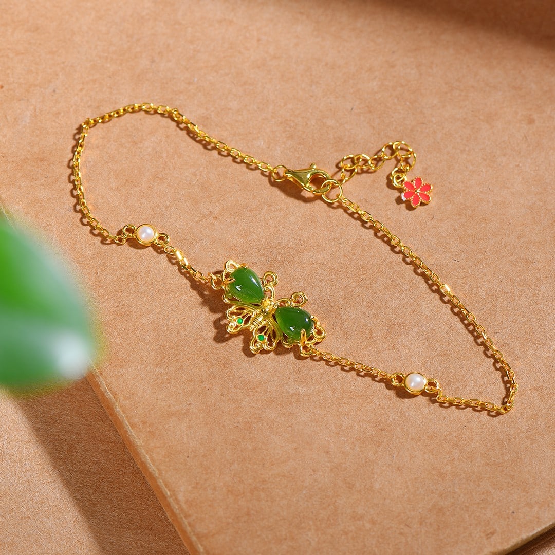 S925 Silver Inlay Green Hetian Jade Hand Chain,Earrings - 3