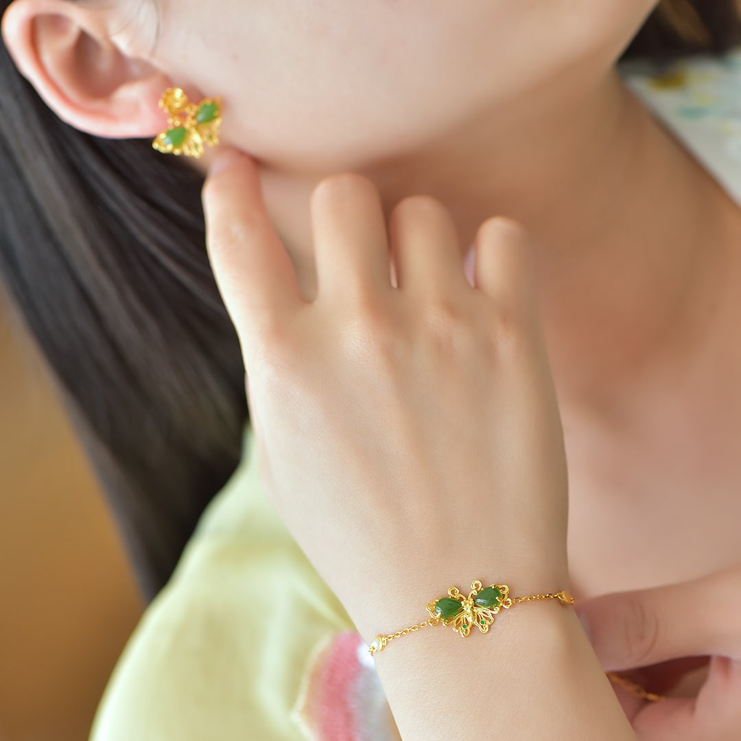 S925 Silver Inlay Green Hetian Jade Hand Chain,Earrings - 4