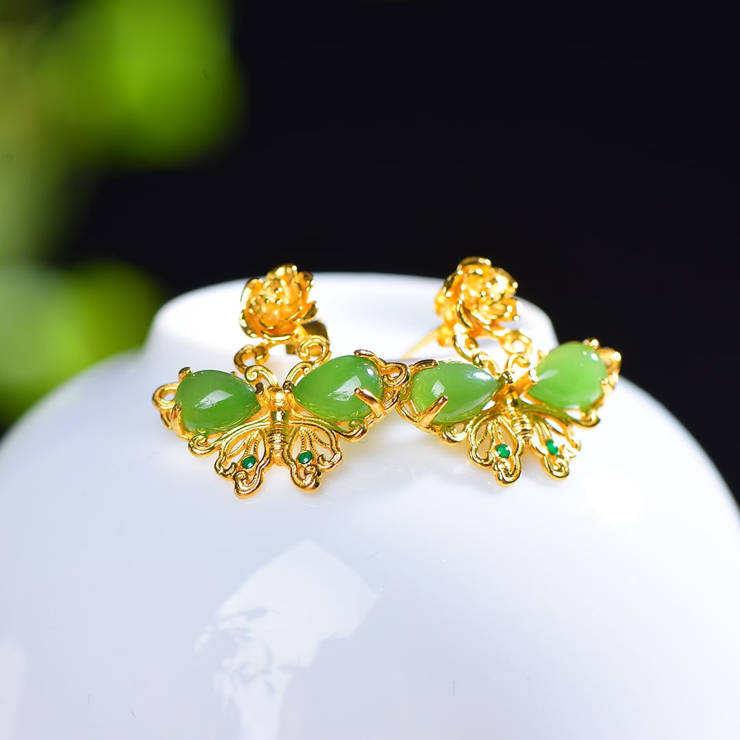 S925 Silver Inlay Green Hetian Jade Hand Chain,Earrings - 5