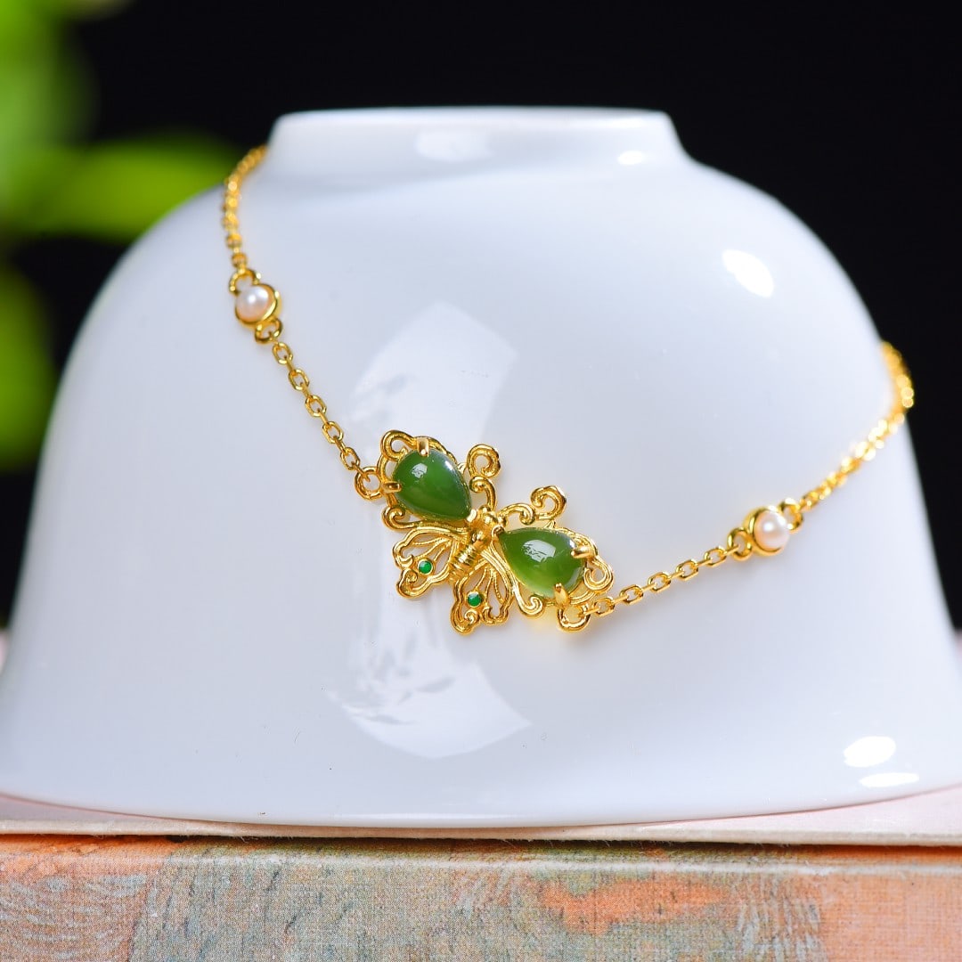 S925 Silver Inlay Green Hetian Jade Hand Chain,Earrings - 6