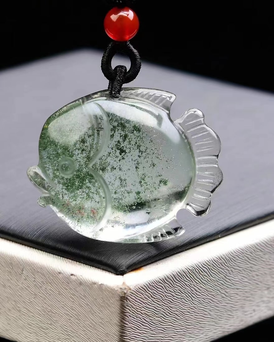 Green Crystal Hand-Carved Fish Pendant with Certificate - 2