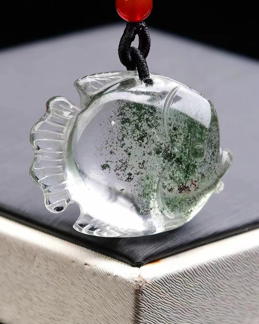 Green Crystal Hand-Carved Fish Pendant with Certificate - 3
