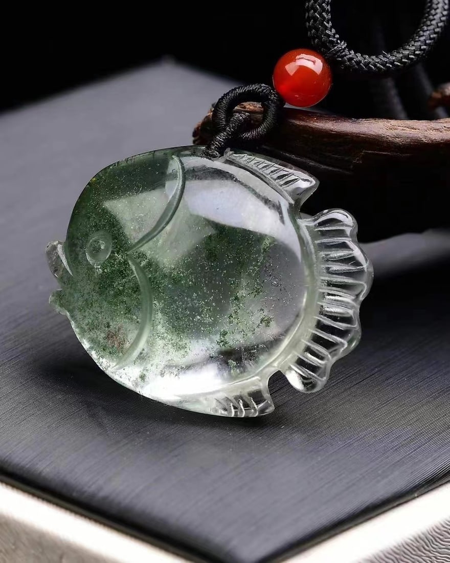 Green Crystal Hand-Carved Fish Pendant with Certificate - 4